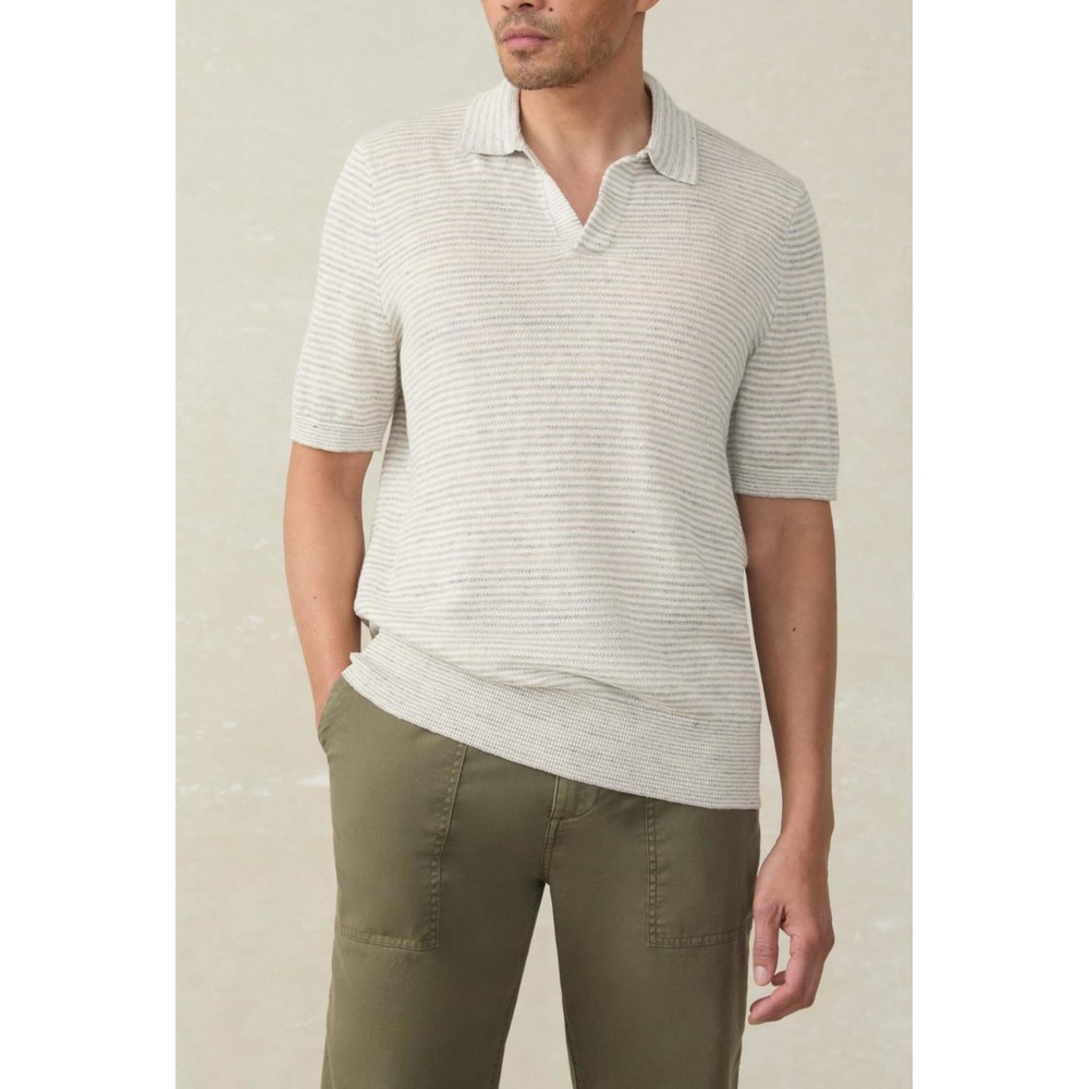 NWT Faherty Mens XL 100% Linen Sweater Feeder Polo‎ Ivory Steel MSRP $178